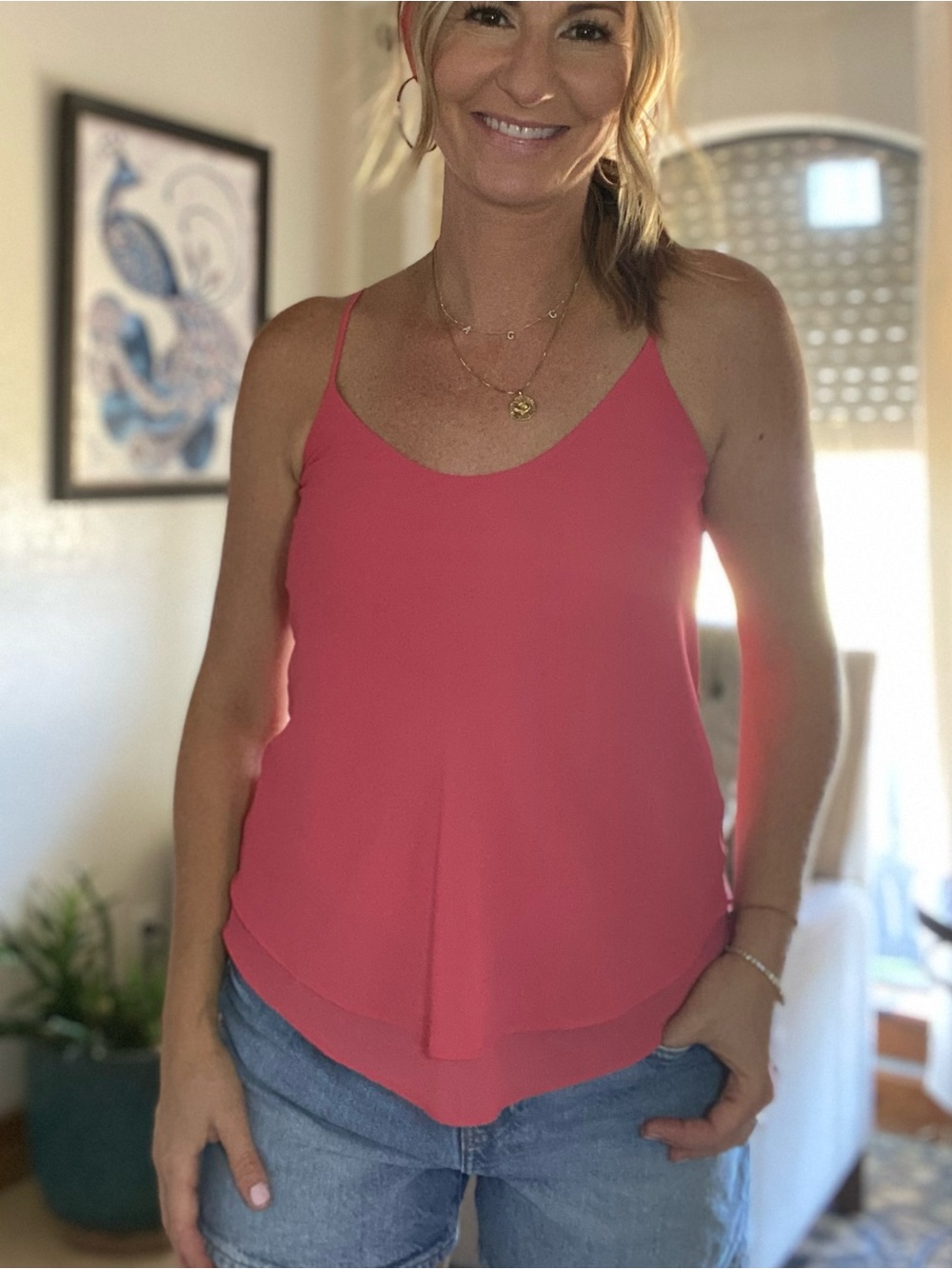 BE COOL Coral Pink Layered Spaghetti Strap Cami